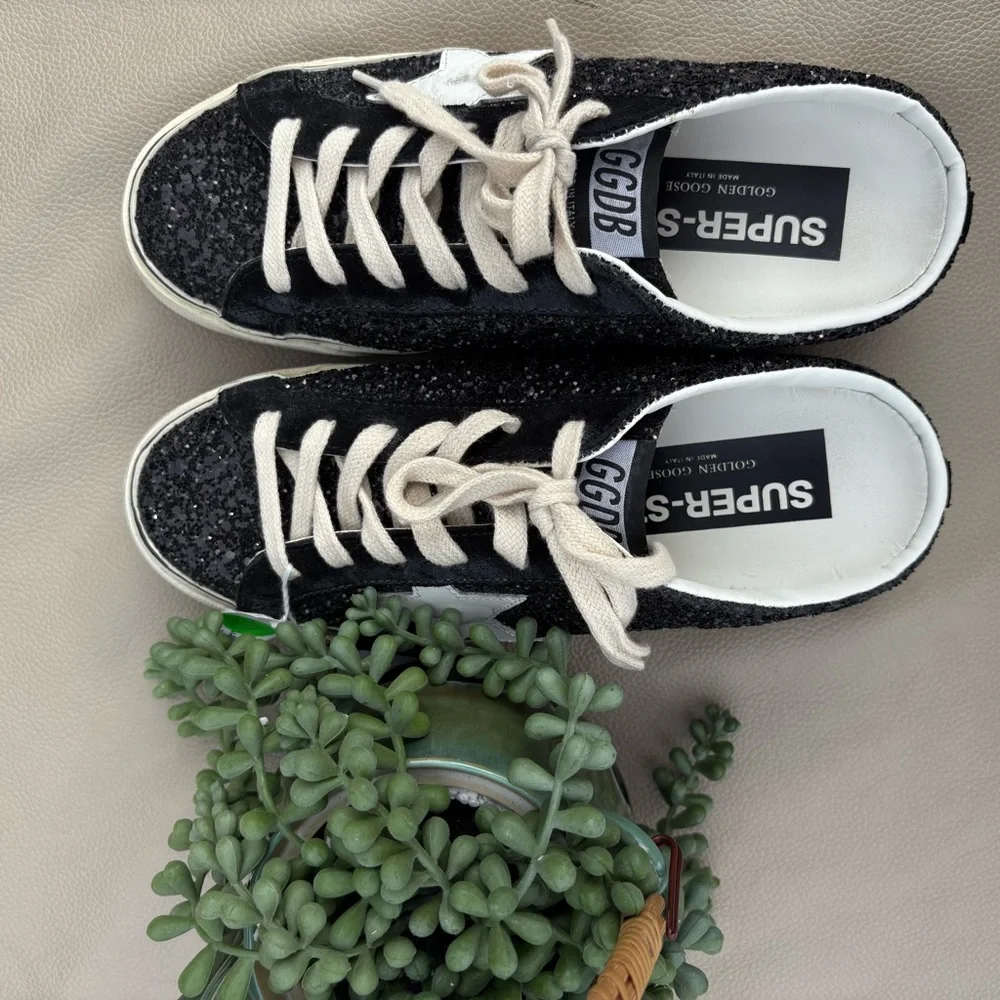 GOLDEN GOOSE SUPER START GLITTER SNEAKERS BACKLESS SLIDES LACE UP LEATHER 37/7 - Picture 3 of 8